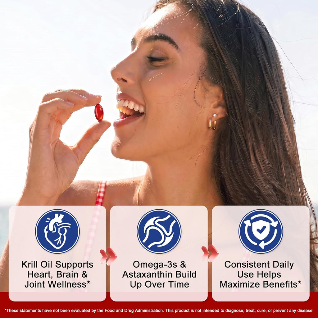 Krill Oil Omega 3 Supplement 2000Mg – Antarctic Krill Oil with EPA DHA & Natural Astaxanthin, High Absorption Omega 3 for Heart Brain Joint & Immune Support, No Fishy Burps, 240 Softgels