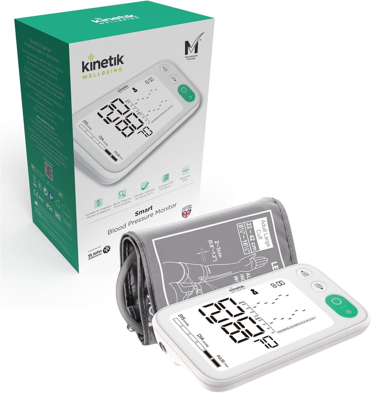 Kinetik Wellbeing Smart Blood Pressure Machine - Bluetooth Arm Blood Pressure Monitors Large Cuff Universal (22-45Cm) - Safe in Pregnancy & Diabetics - Bp Monitor Menopause Friendly