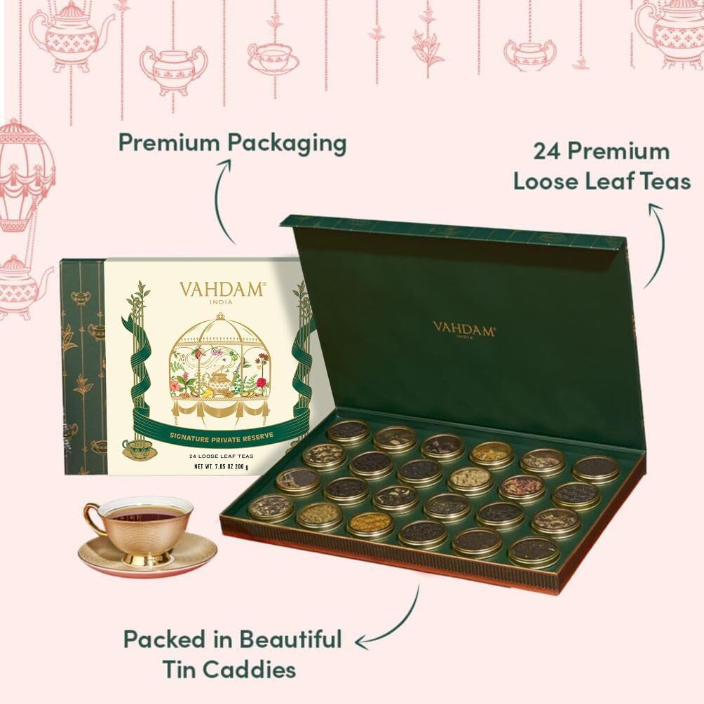 , Luxury Tea Gift Set | 24 Unique Loose Leaf Teas in Tin Caddies