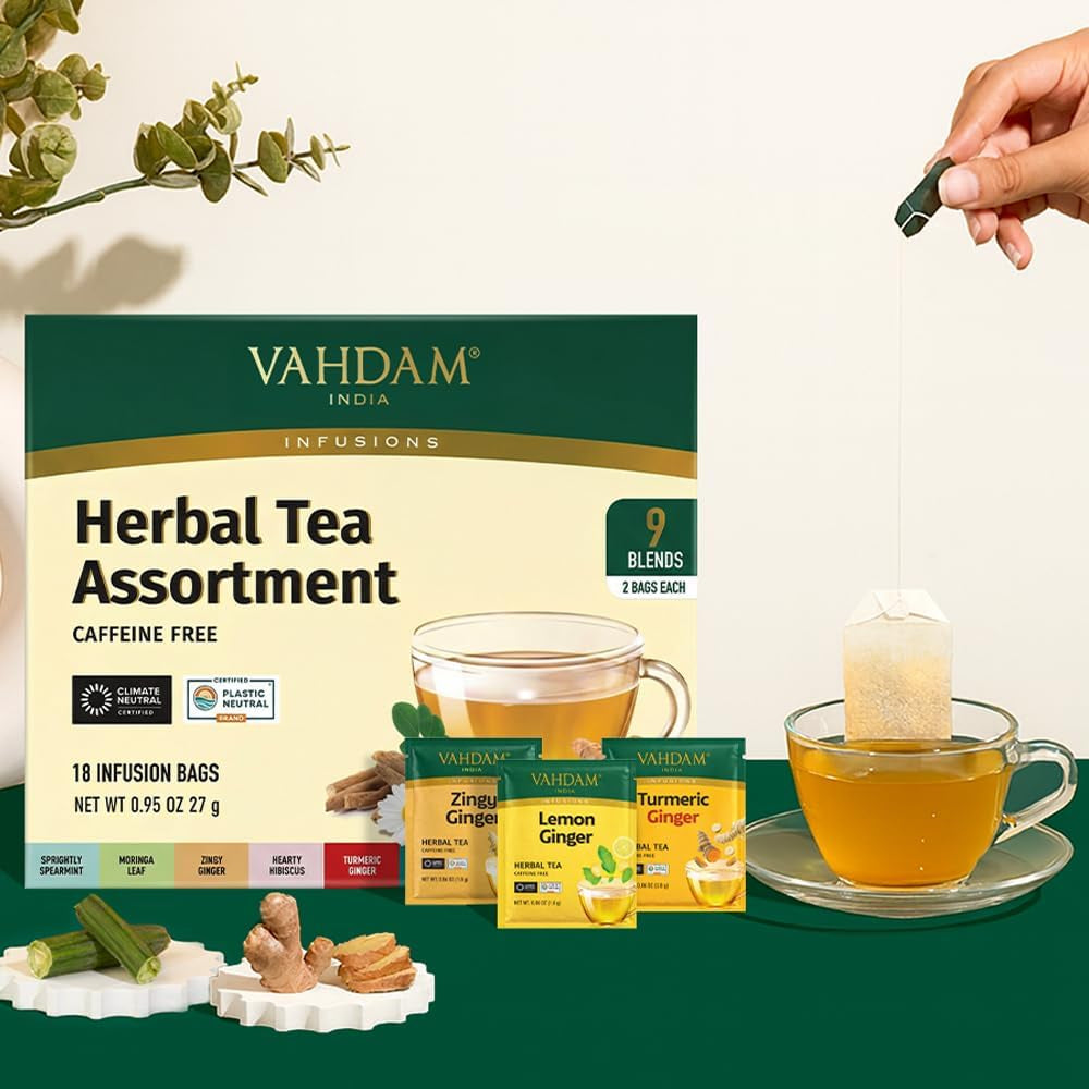 , Assorted Herbal Tea Sampler (18 Tea Bags, 9 Flavors) Caffeine-Free, Non-Gmo | Double Infusion, Individually Enveloped Tea Bags | Herbal Tea Assortment