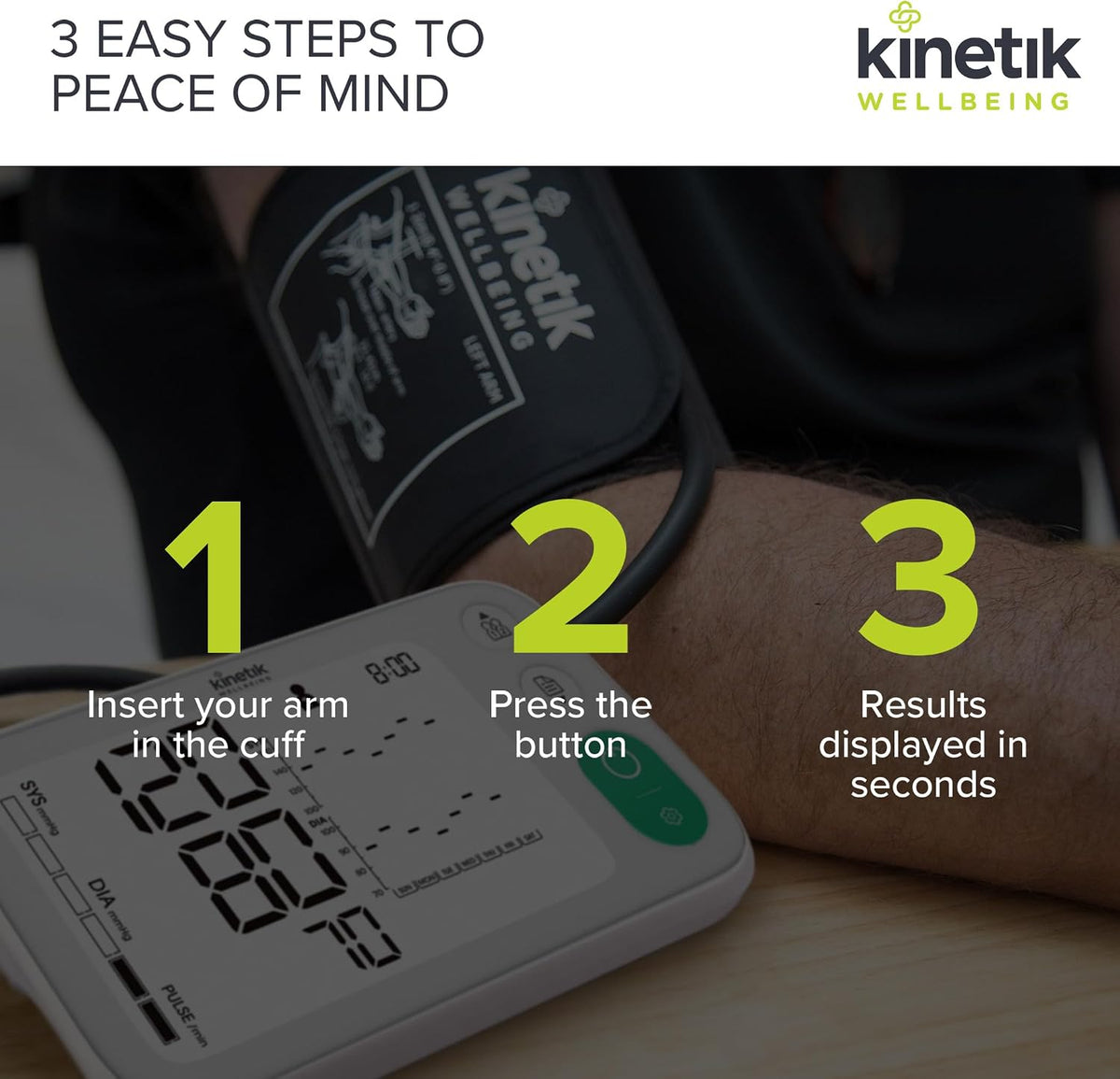 Kinetik Wellbeing Smart Blood Pressure Machine - Bluetooth Arm Blood Pressure Monitors Large Cuff Universal (22-45Cm) - Safe in Pregnancy & Diabetics - Bp Monitor Menopause Friendly