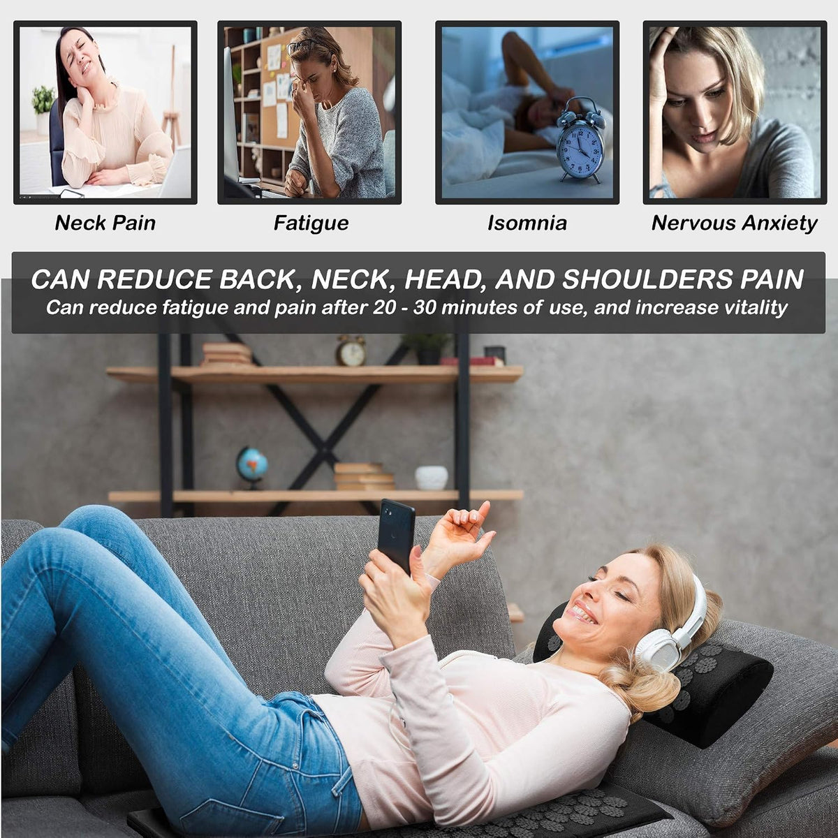 Acupressure Set with Neck Cushion for Relaxation + Well-Being | Easy Transport Acupuncture Mat and Pillow Set | Massage Mat with Carrying Handles | Black