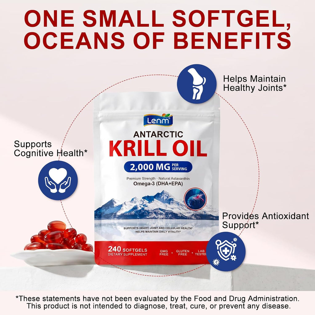 Krill Oil Omega 3 Supplement 2000Mg – Antarctic Krill Oil with EPA DHA & Natural Astaxanthin, High Absorption Omega 3 for Heart Brain Joint & Immune Support, No Fishy Burps, 240 Softgels