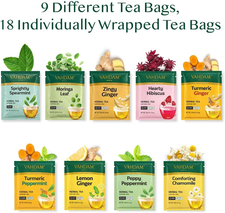 , Assorted Herbal Tea Sampler (18 Tea Bags, 9 Flavors) Caffeine-Free, Non-Gmo | Double Infusion, Individually Enveloped Tea Bags | Herbal Tea Assortment