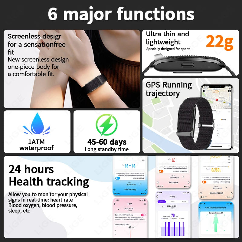 2025 No Screen Smart Watch 20-Day Ultra-Long Use Time 24Hours Blood Oxygen Blood Pressure Monitoring Sports Smart Bracelet