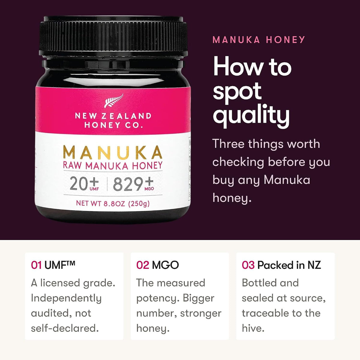. Raw Manuka Honey UMF 20+ / MGO 829+ – Monofloral, Independently Lab-Tested – New Zealand Origin, QR Traceable – 250G