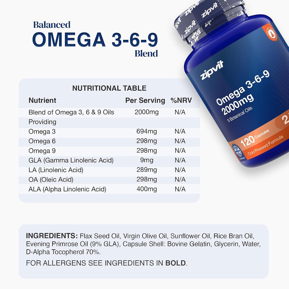 Omega 3 6 9 Capsules 2000Mg - 120 Softgels - Cold Pressed
