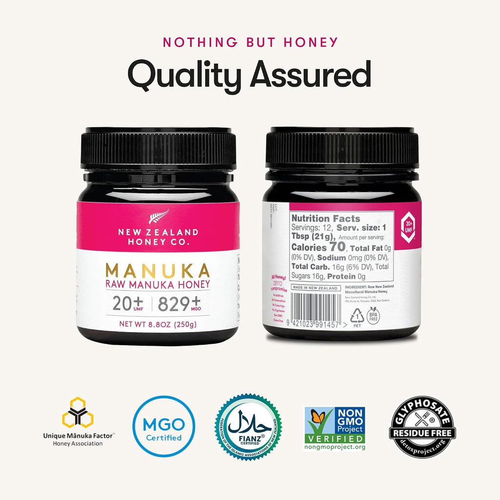 . Raw Manuka Honey UMF 20+ / MGO 829+ – Monofloral, Independently Lab-Tested – New Zealand Origin, QR Traceable – 250G