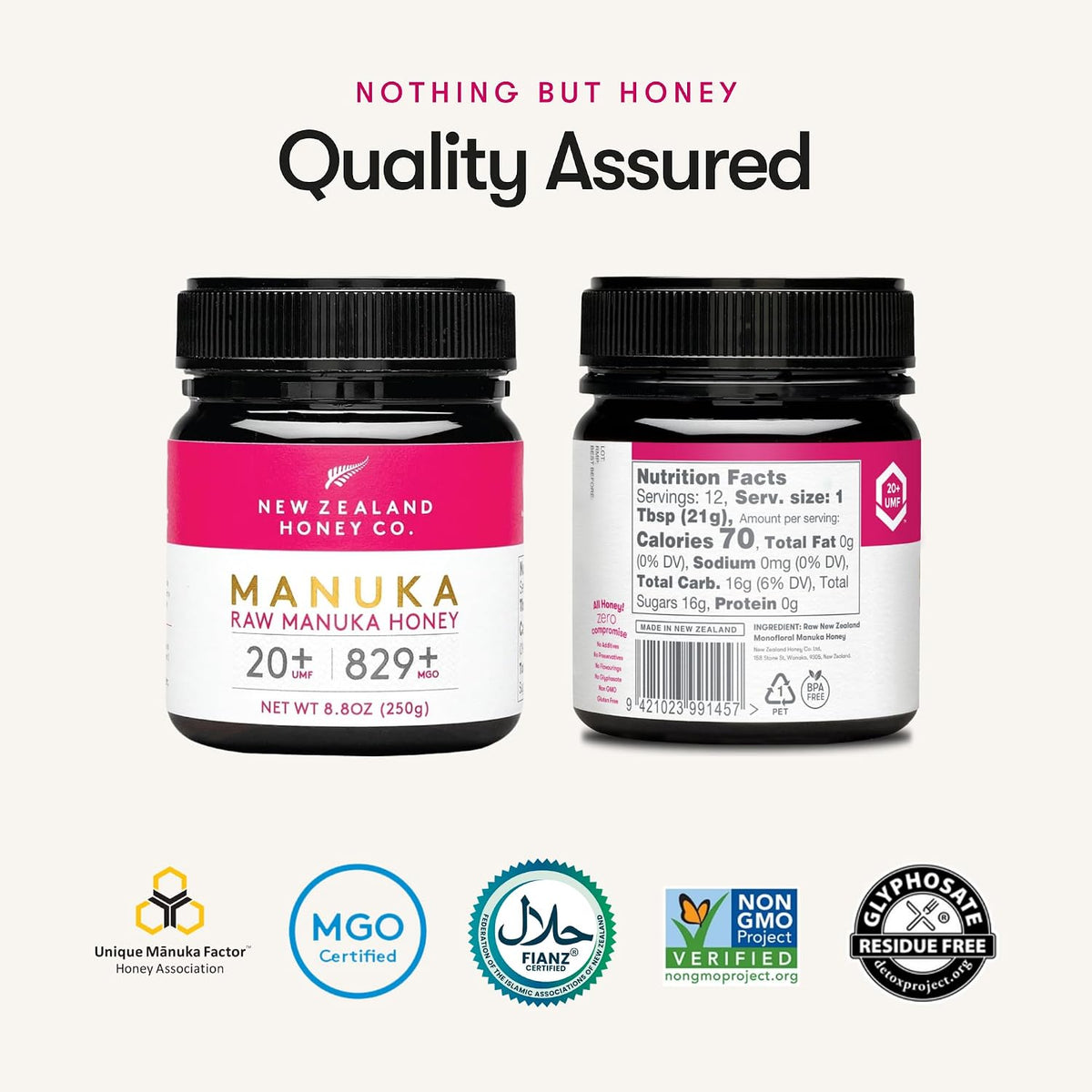 . Raw Manuka Honey UMF 20+ / MGO 829+ – Monofloral, Independently Lab-Tested – New Zealand Origin, QR Traceable – 250G