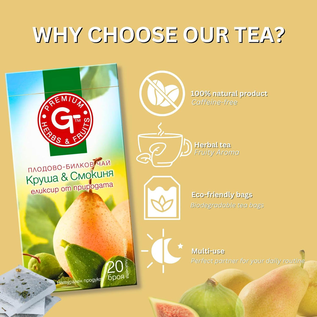 Pear & Fig Herbal Tea Bags – Premium GT, Caffeine-Free, 20 Bags