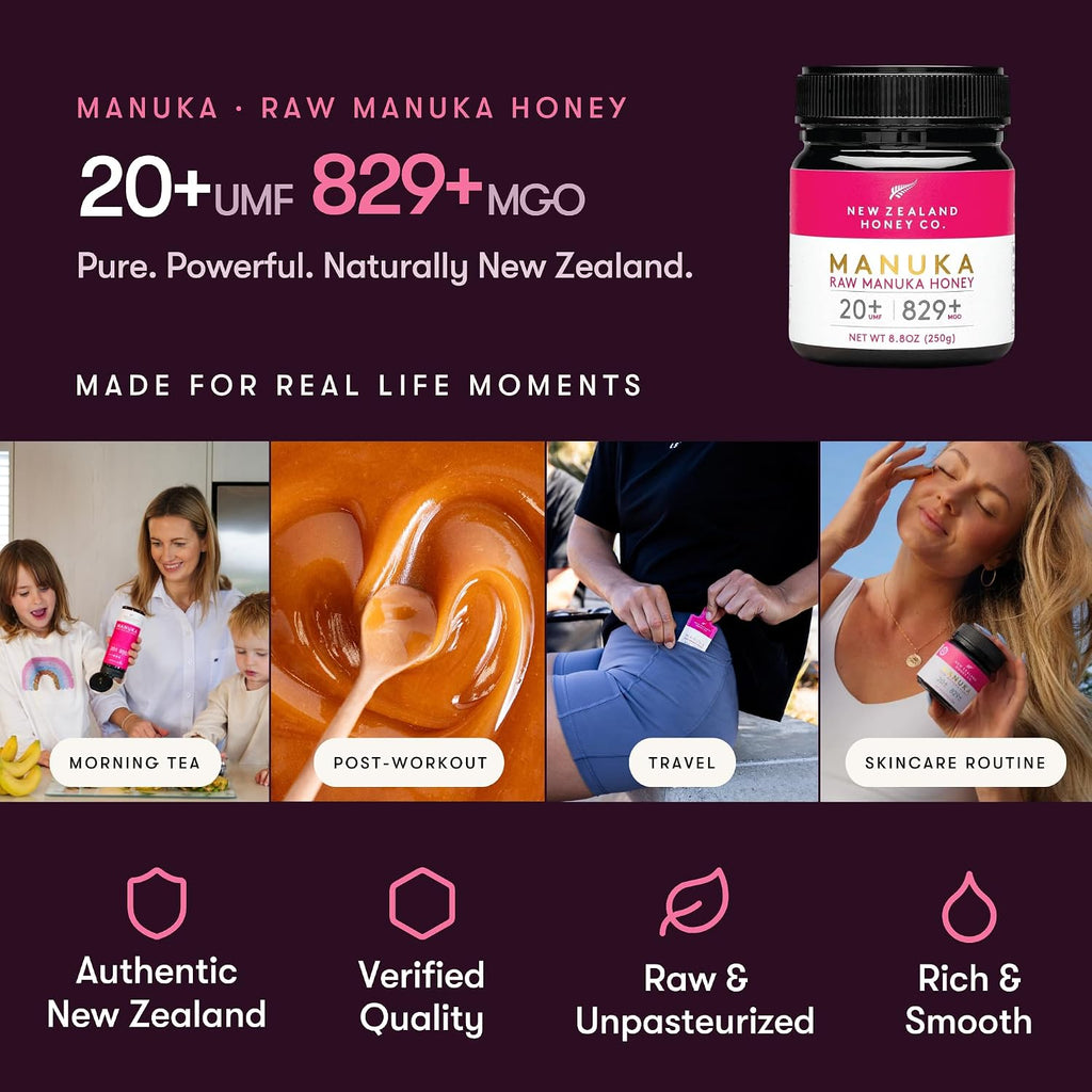 . Raw Manuka Honey UMF 20+ / MGO 829+ – Monofloral, Independently Lab-Tested – New Zealand Origin, QR Traceable – 250G