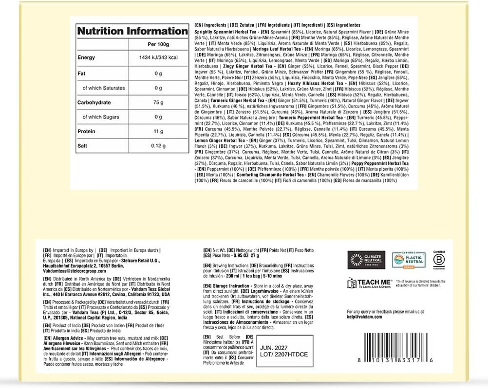 , Assorted Herbal Tea Sampler (18 Tea Bags, 9 Flavors) Caffeine-Free, Non-Gmo | Double Infusion, Individually Enveloped Tea Bags | Herbal Tea Assortment