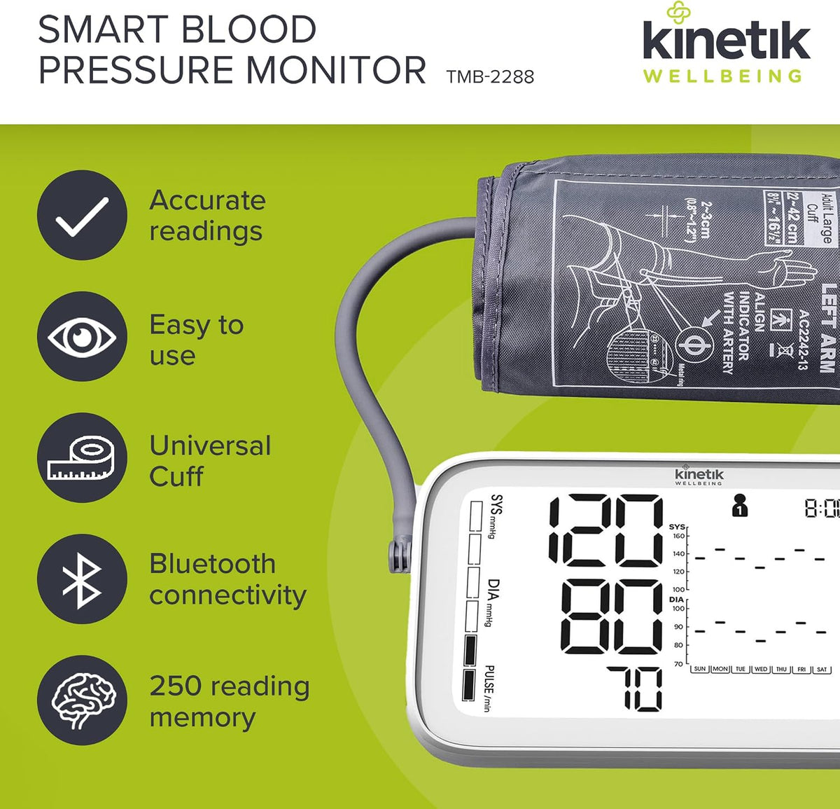 Kinetik Wellbeing Smart Blood Pressure Machine - Bluetooth Arm Blood Pressure Monitors Large Cuff Universal (22-45Cm) - Safe in Pregnancy & Diabetics - Bp Monitor Menopause Friendly