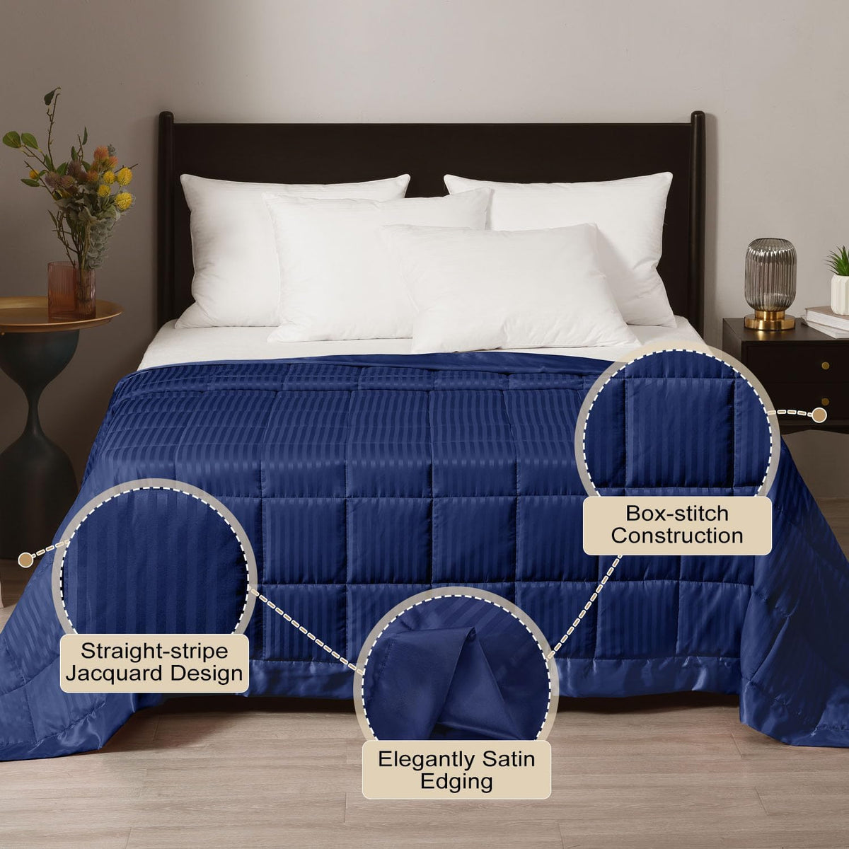 Queen Size Weighted Blanket 15Lbs for Adult with Glass Beads, Heavy Blanket with Satin Trim (90"X90", Navy Blue)