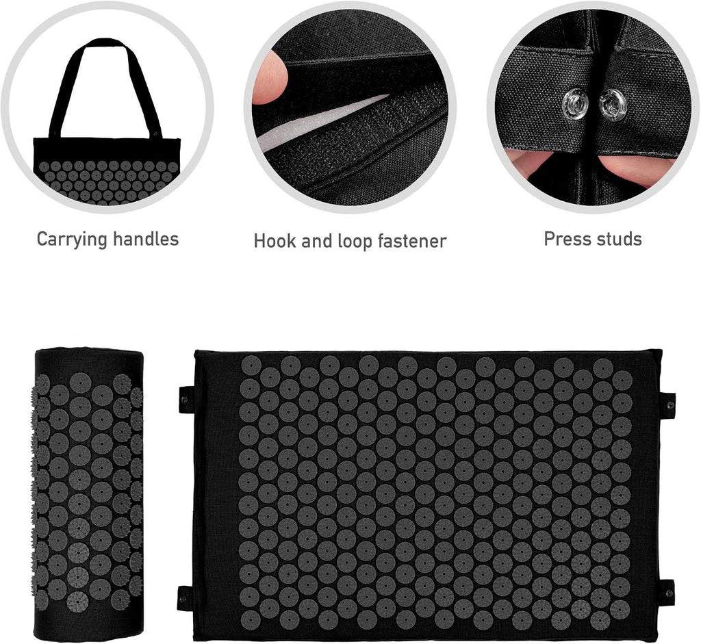 Acupressure Set with Neck Cushion for Relaxation + Well-Being | Easy Transport Acupuncture Mat and Pillow Set | Massage Mat with Carrying Handles | Black