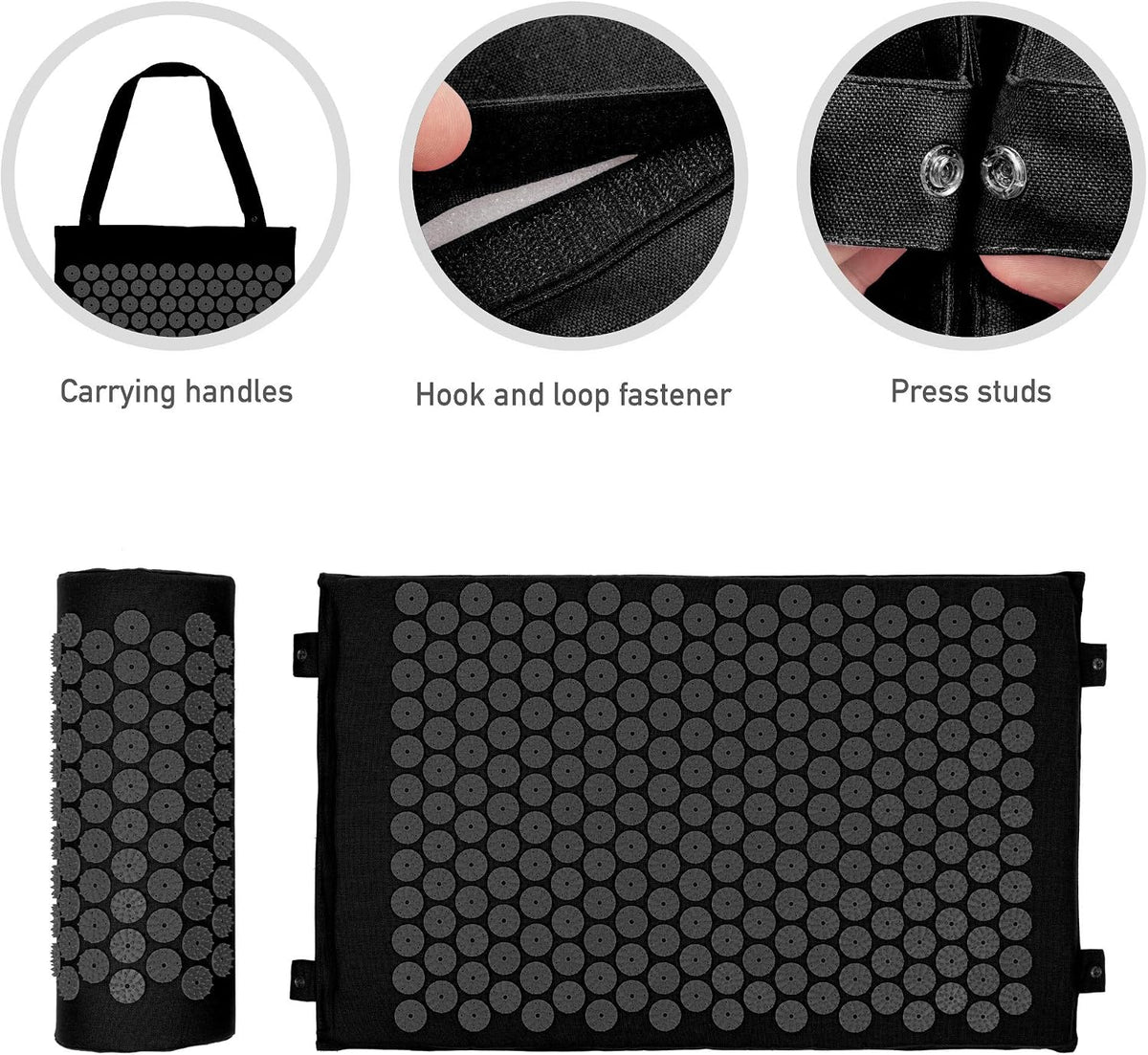 Acupressure Set with Neck Cushion for Relaxation + Well-Being | Easy Transport Acupuncture Mat and Pillow Set | Massage Mat with Carrying Handles | Black