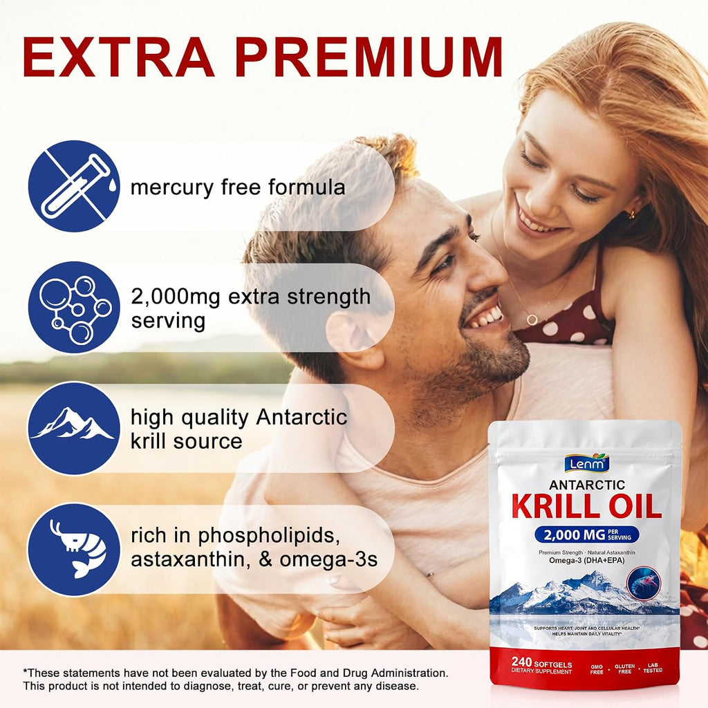 Krill Oil Omega 3 Supplement 2000Mg – Antarctic Krill Oil with EPA DHA & Natural Astaxanthin, High Absorption Omega 3 for Heart Brain Joint & Immune Support, No Fishy Burps, 240 Softgels