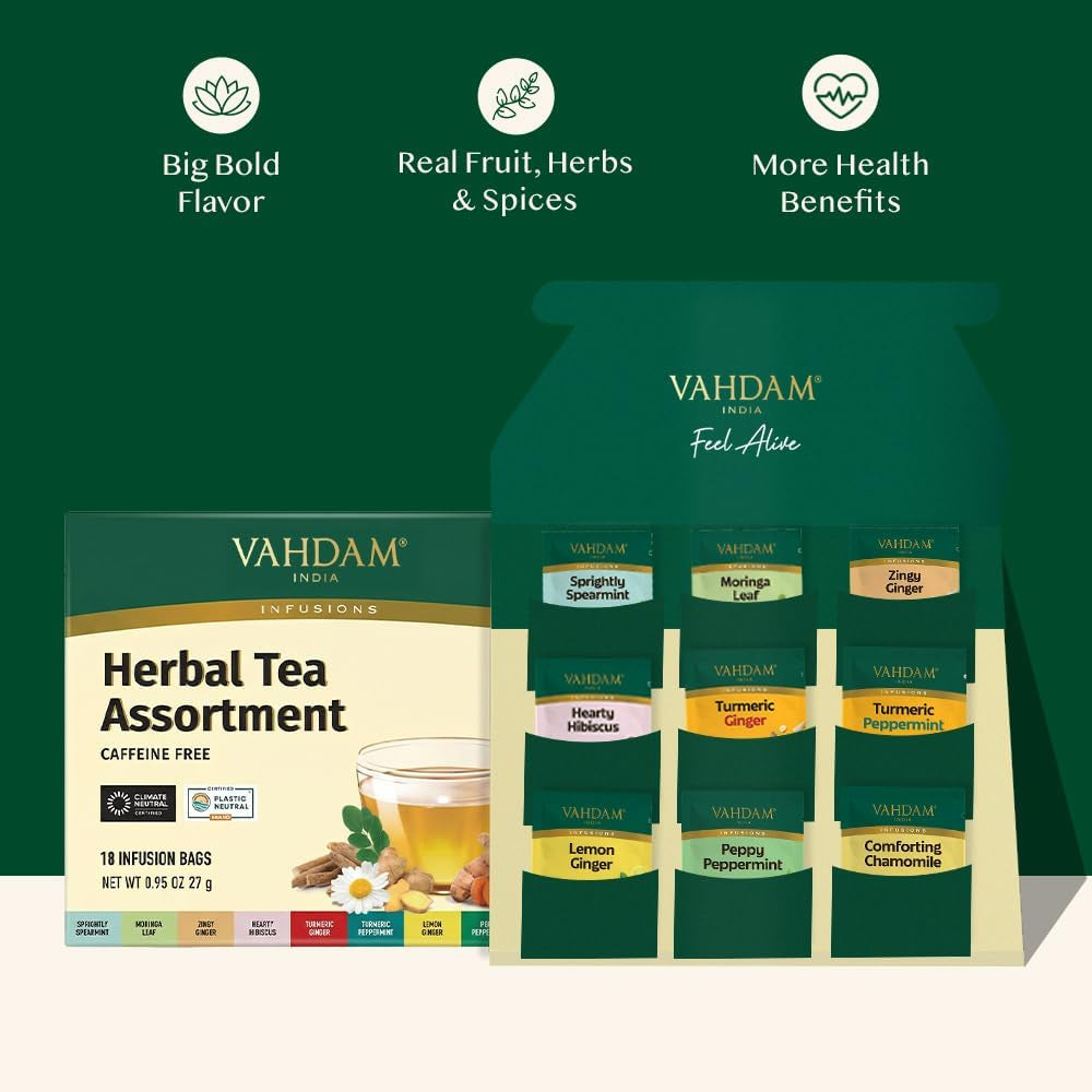 , Assorted Herbal Tea Sampler (18 Tea Bags, 9 Flavors) Caffeine-Free, Non-Gmo | Double Infusion, Individually Enveloped Tea Bags | Herbal Tea Assortment