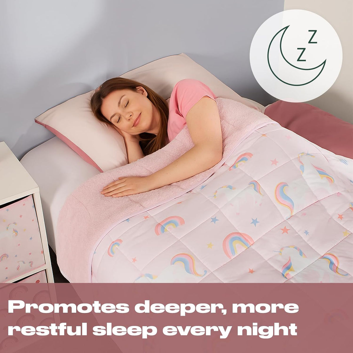 Weighted Blanket Teddy Fleece 3Kg Unicorn Pink, Comfort Heavy Blanket Calming Stress Insomnia Anxiety Relief for Adults, Single - 100 X 150Cm - (Disclaimer Only Suitable for Age 3+ Years)