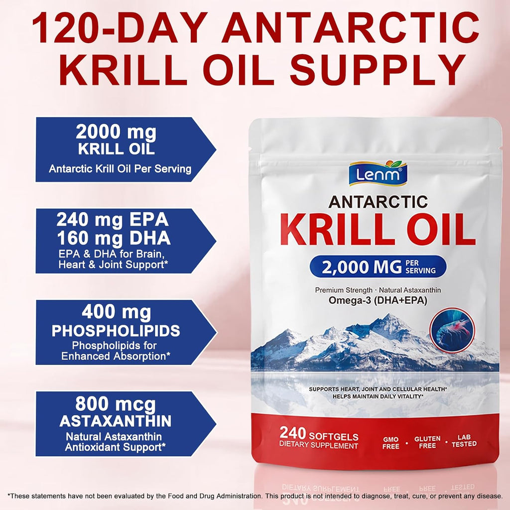 Krill Oil Omega 3 Supplement 2000Mg – Antarctic Krill Oil with EPA DHA & Natural Astaxanthin, High Absorption Omega 3 for Heart Brain Joint & Immune Support, No Fishy Burps, 240 Softgels