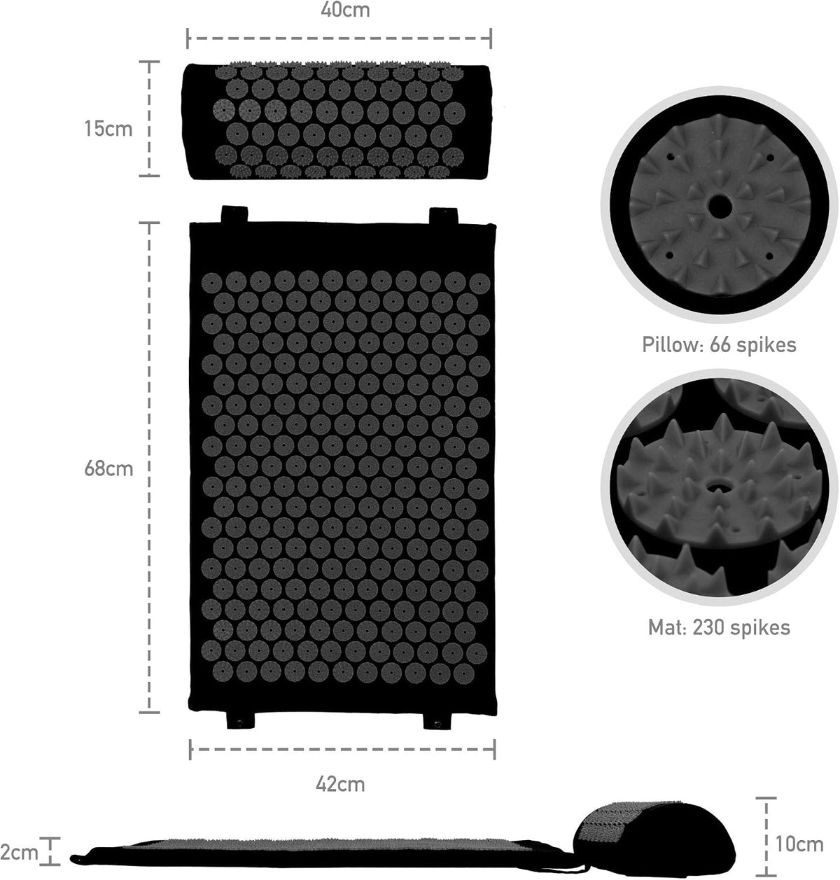Acupressure Set with Neck Cushion for Relaxation + Well-Being | Easy Transport Acupuncture Mat and Pillow Set | Massage Mat with Carrying Handles | Black
