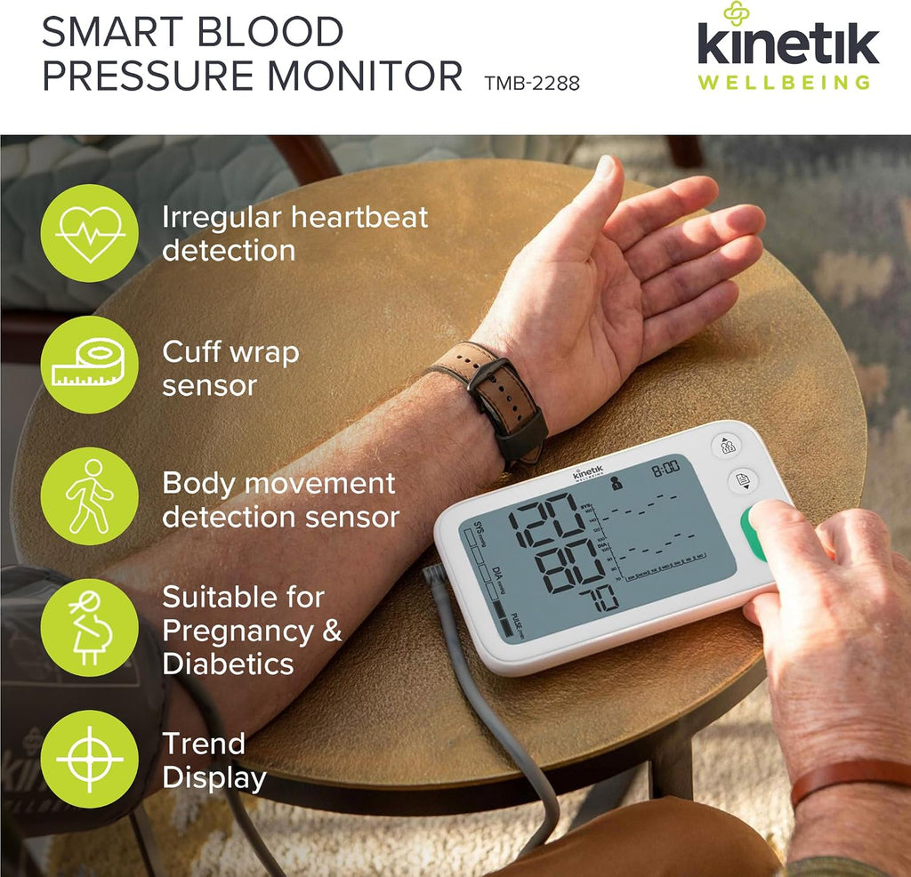 Kinetik Wellbeing Smart Blood Pressure Machine - Bluetooth Arm Blood Pressure Monitors Large Cuff Universal (22-45Cm) - Safe in Pregnancy & Diabetics - Bp Monitor Menopause Friendly
