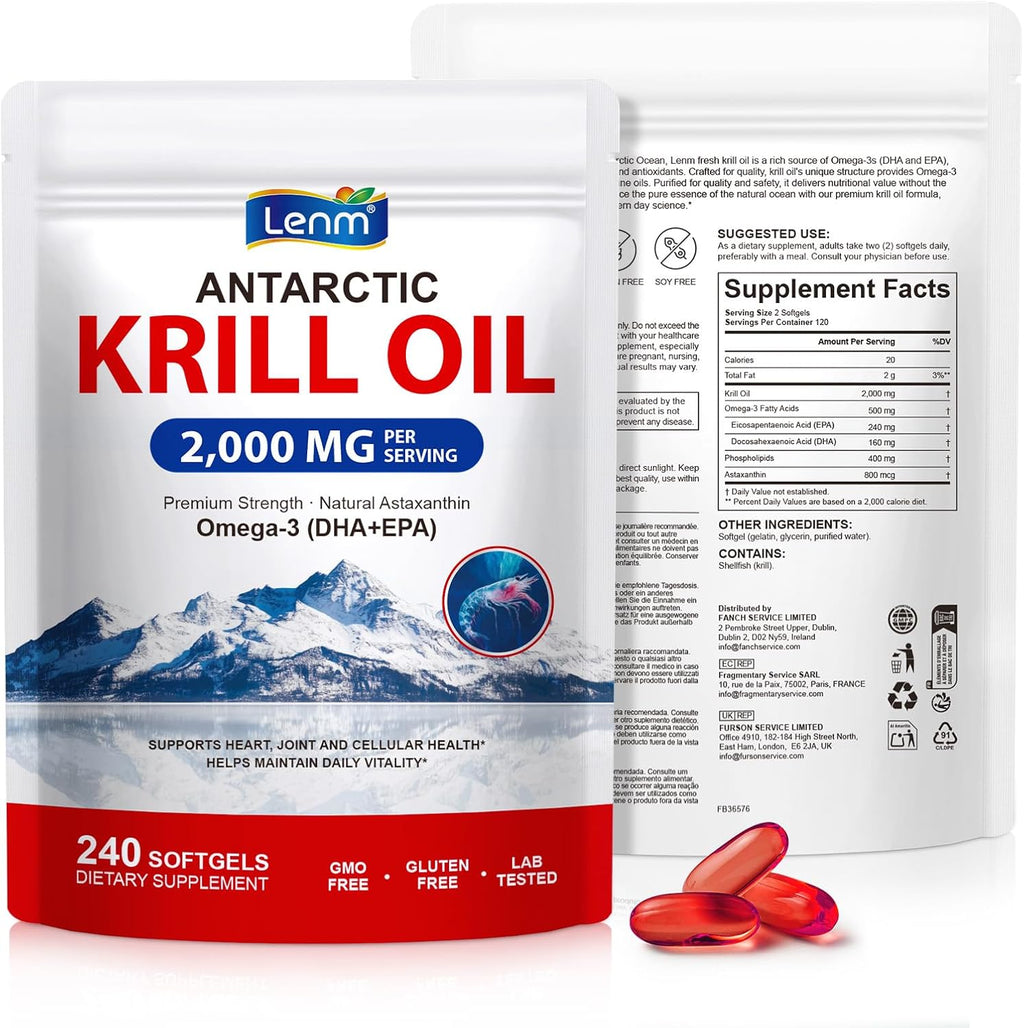 Krill Oil Omega 3 Supplement 2000Mg – Antarctic Krill Oil with EPA DHA & Natural Astaxanthin, High Absorption Omega 3 for Heart Brain Joint & Immune Support, No Fishy Burps, 240 Softgels