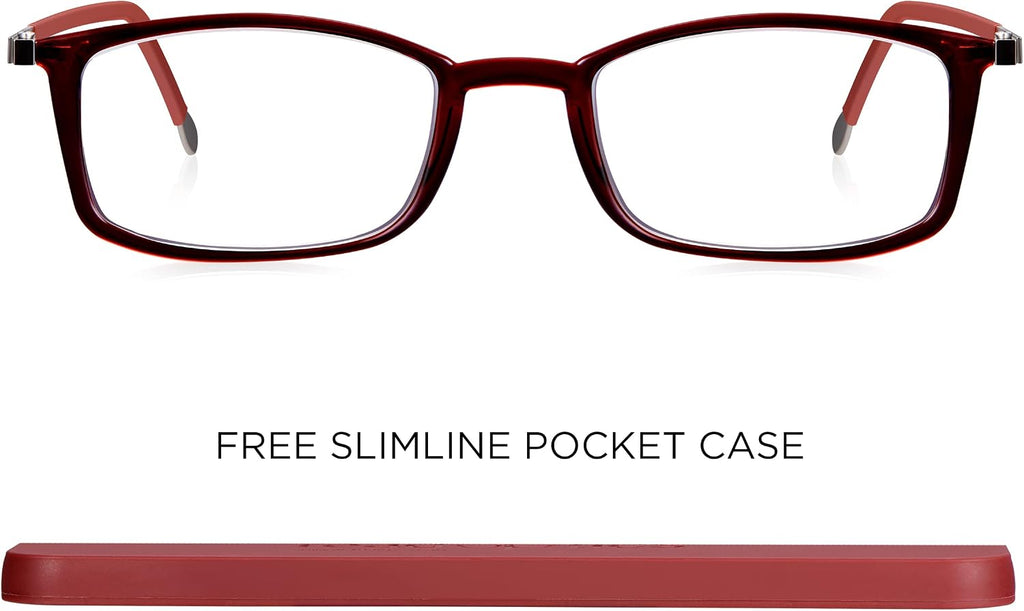 Blue Light Glasses Zero Magnification for Computer, Gaming, Digital & TV for Eye Protection, Thin Red Crystal Flat Folding Frames in Stylish Red Case