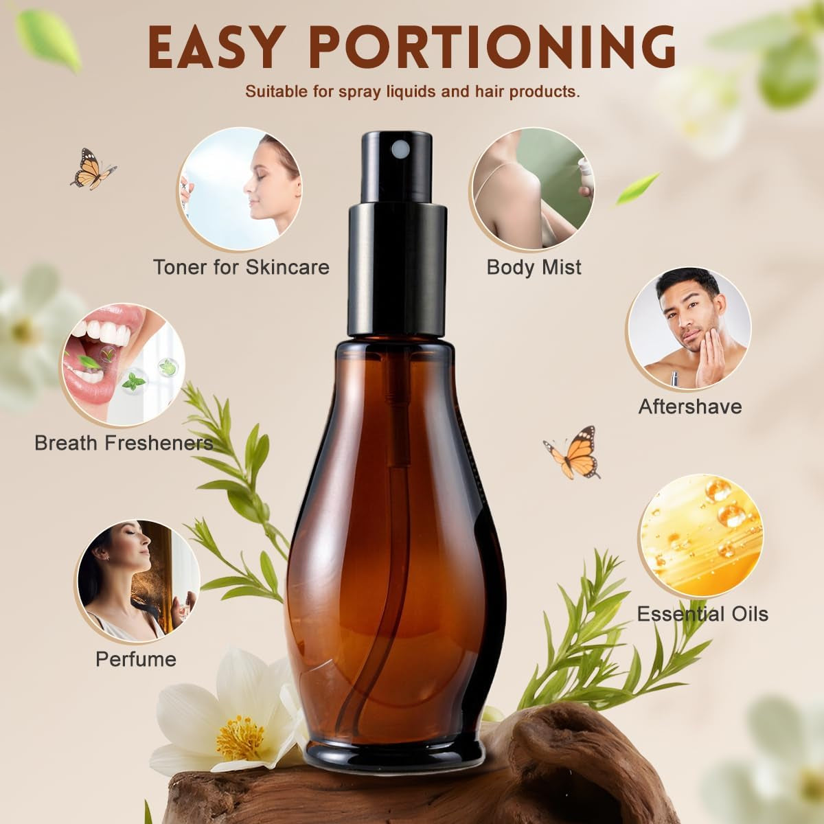 3Pcs 3.4Oz Amber Glass Refillable Spray Bottles for Essential Oil