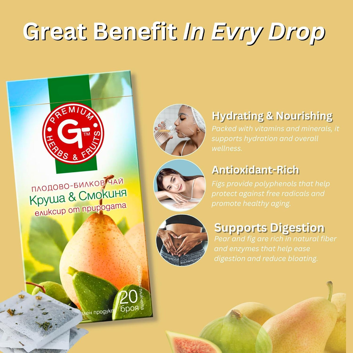 Pear & Fig Herbal Tea Bags – Premium GT, Caffeine-Free, 20 Bags