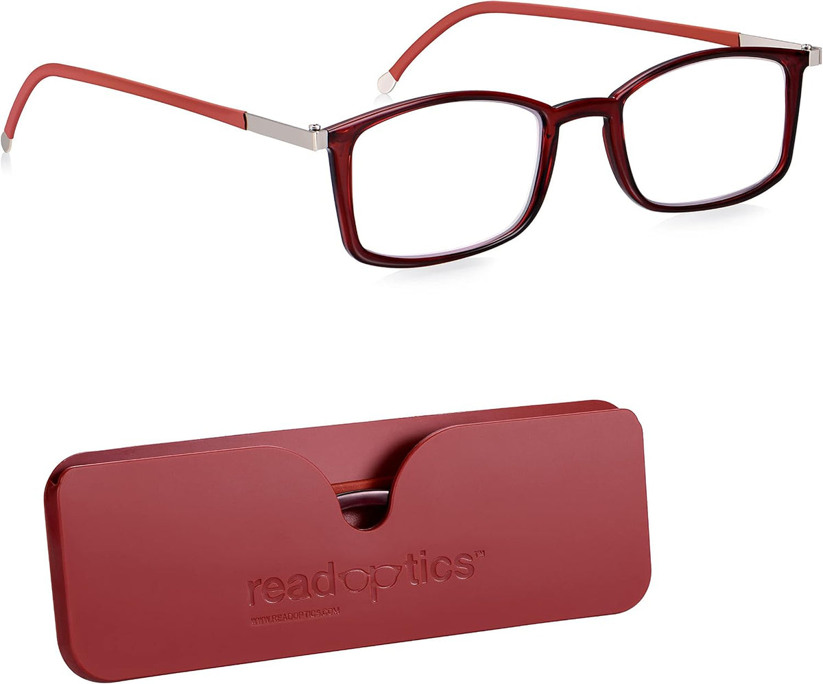 Blue Light Glasses Zero Magnification for Computer, Gaming, Digital & TV for Eye Protection, Thin Red Crystal Flat Folding Frames in Stylish Red Case
