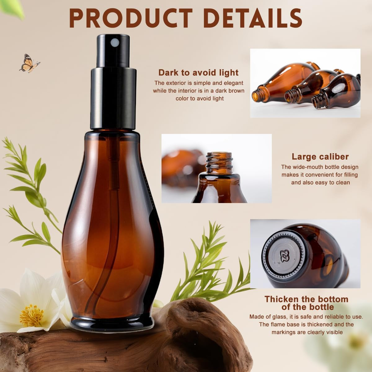 3Pcs 3.4Oz Amber Glass Refillable Spray Bottles for Essential Oil