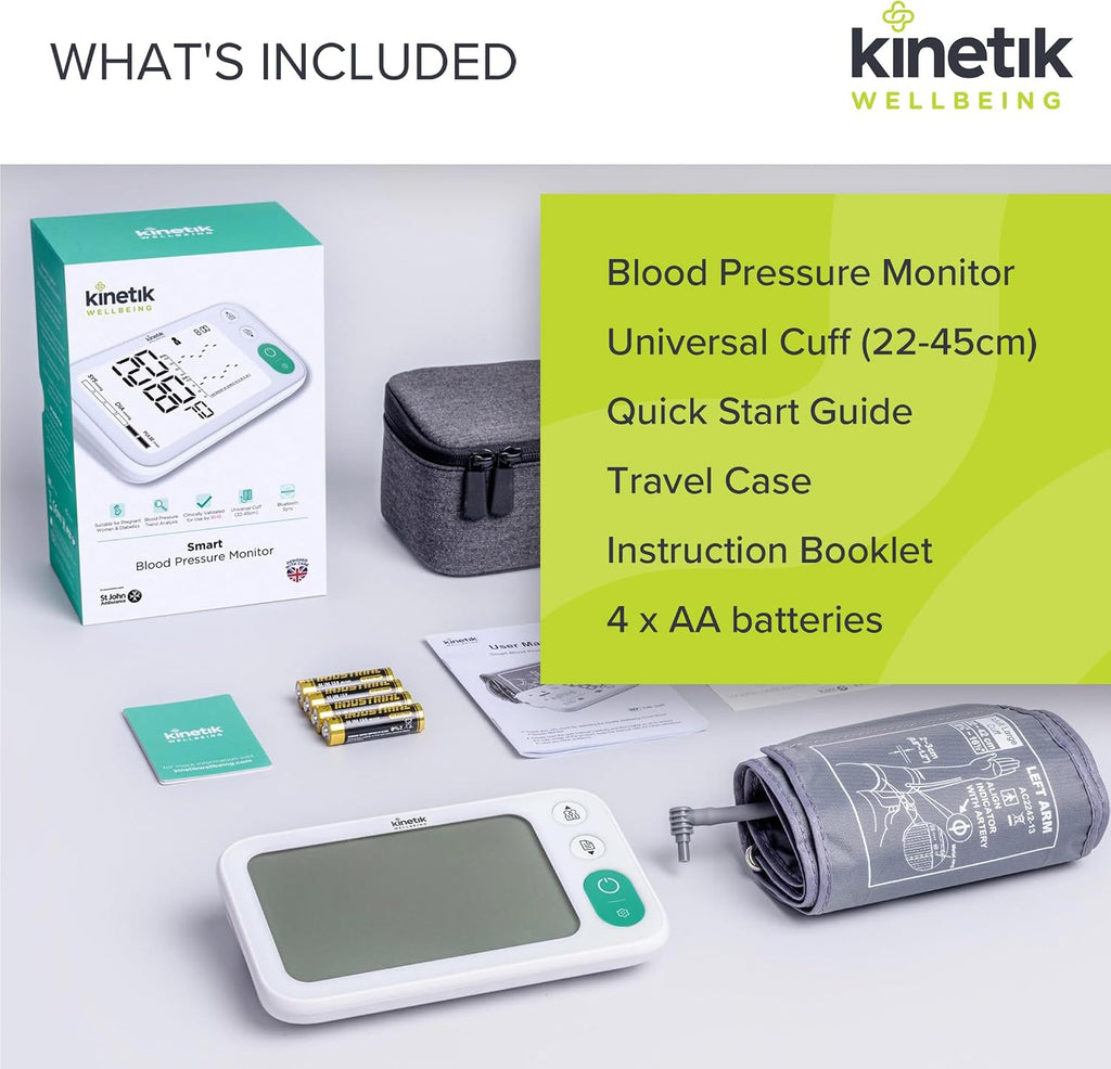 Kinetik Wellbeing Smart Blood Pressure Machine - Bluetooth Arm Blood Pressure Monitors Large Cuff Universal (22-45Cm) - Safe in Pregnancy & Diabetics - Bp Monitor Menopause Friendly