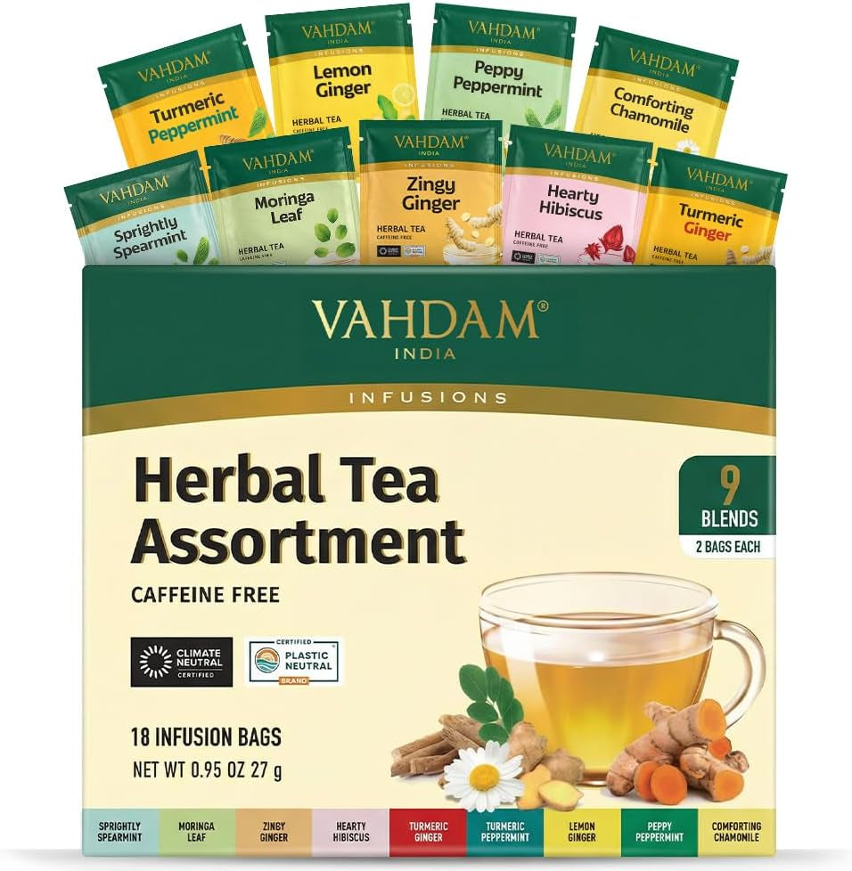 , Assorted Herbal Tea Sampler (18 Tea Bags, 9 Flavors) Caffeine-Free, Non-Gmo | Double Infusion, Individually Enveloped Tea Bags | Herbal Tea Assortment