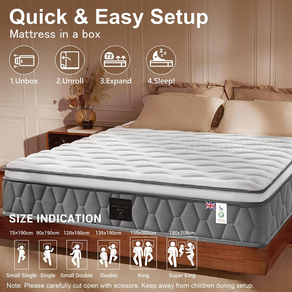Orthopaedic Double Mattress 4FT6 for Back Pain Relief, 10.6 Inch Hybrid 7-Zone Pocket Sprung Mattress with Cooling Gel Memory Foam & Breathable Knitted Cover, Medium Firm, 135X190X27Cm