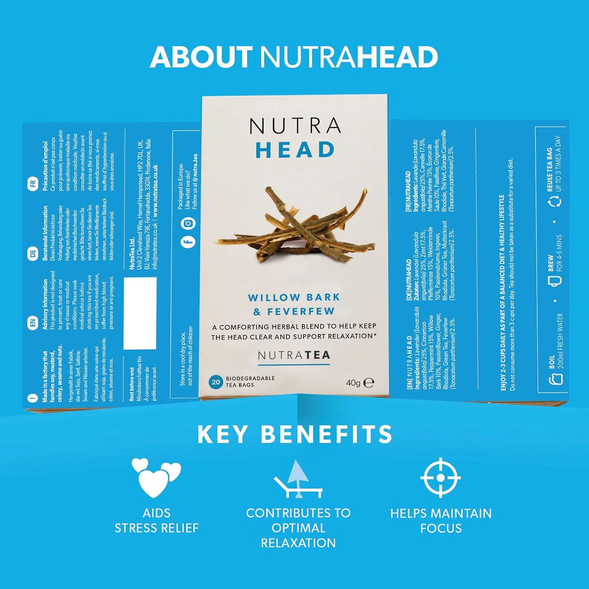 NUTRAHEAD Headache Tea for Migraine Relief, 20 Herbal Tea Bags