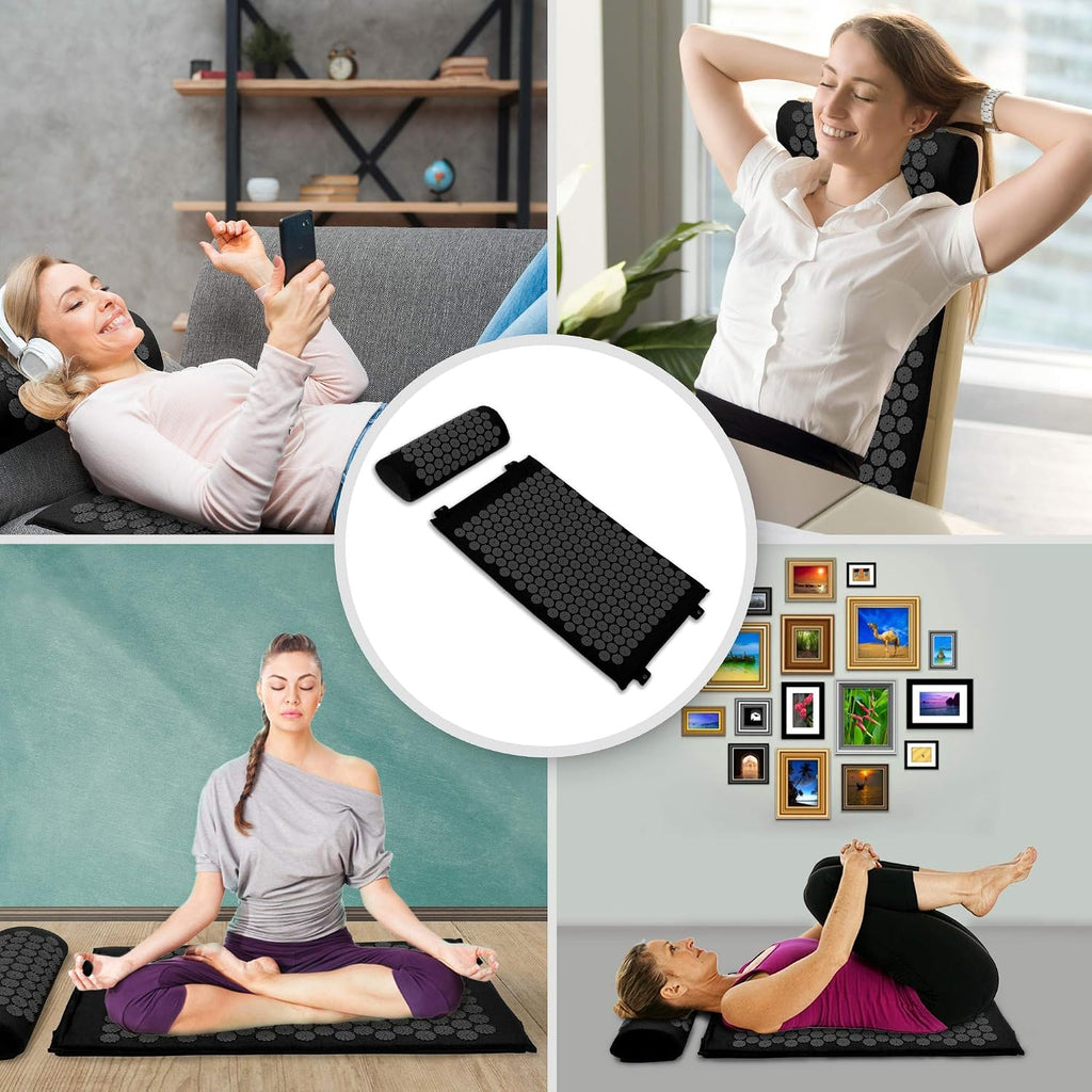 Acupressure Set with Neck Cushion for Relaxation + Well-Being | Easy Transport Acupuncture Mat and Pillow Set | Massage Mat with Carrying Handles | Black
