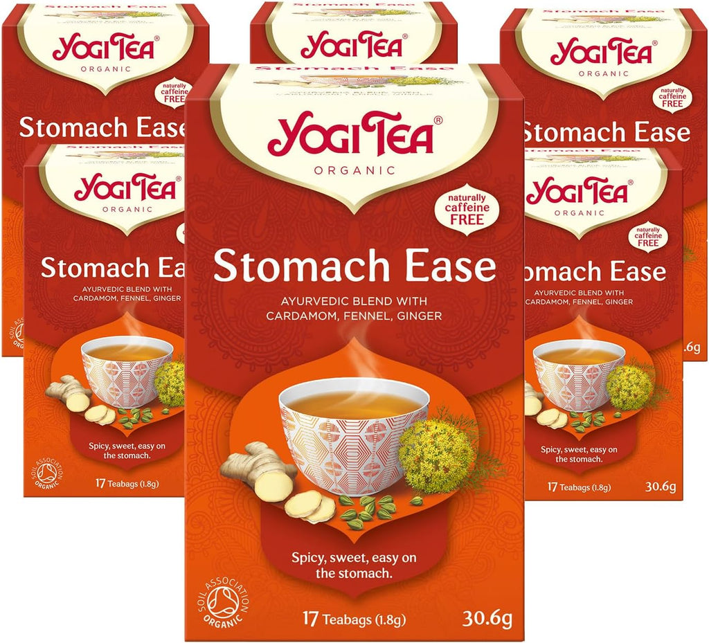 , Stomach Ease, Organic Herbal Tea, Naturally Caffeine Free, Blend of Cardamom, Fennel and Ginger, 6 Packs X 17 Tea Bags (102 Teabags Total)