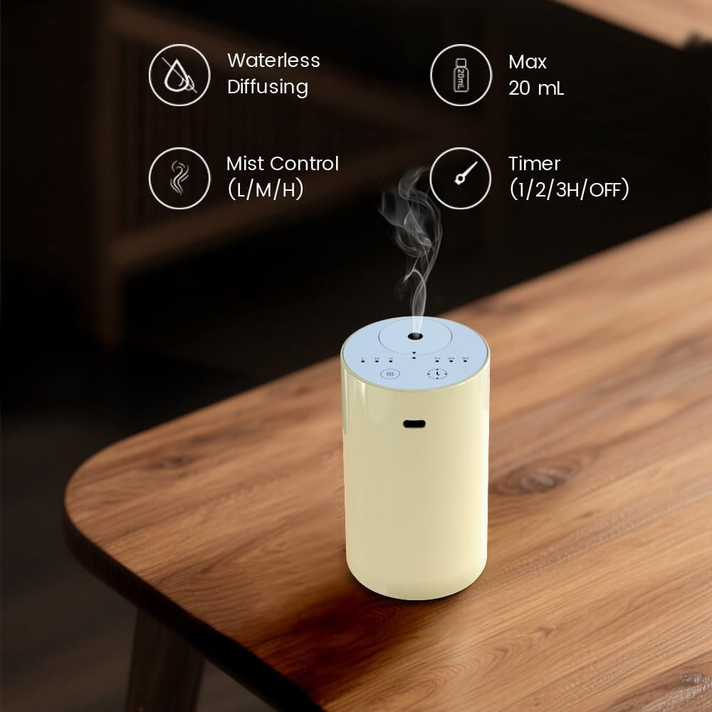 Waterless Diffuser for Essential Oils,Up to 600 Sq Ft, Battery Powered, 20Ml, Timers & Mist Levels, Car Diffuser, Portable for Home Room Office with Cold-Air