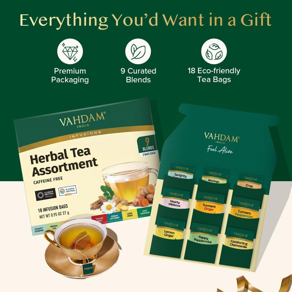 , Assorted Herbal Tea Sampler (18 Tea Bags, 9 Flavors) Caffeine-Free, Non-Gmo | Double Infusion, Individually Enveloped Tea Bags | Herbal Tea Assortment