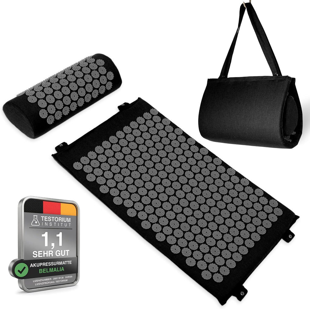 Acupressure Set with Neck Cushion for Relaxation + Well-Being | Easy Transport Acupuncture Mat and Pillow Set | Massage Mat with Carrying Handles | Black