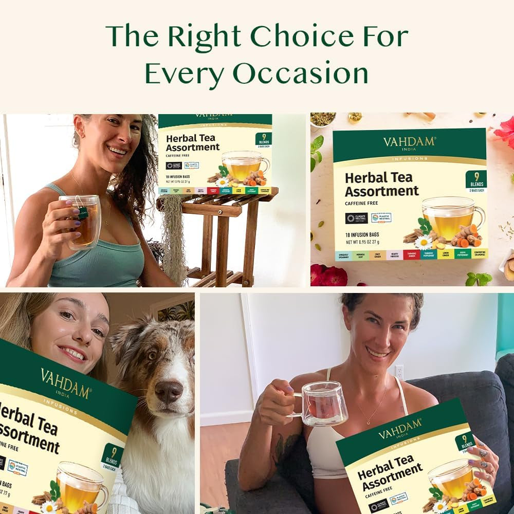 , Assorted Herbal Tea Sampler (18 Tea Bags, 9 Flavors) Caffeine-Free, Non-Gmo | Double Infusion, Individually Enveloped Tea Bags | Herbal Tea Assortment