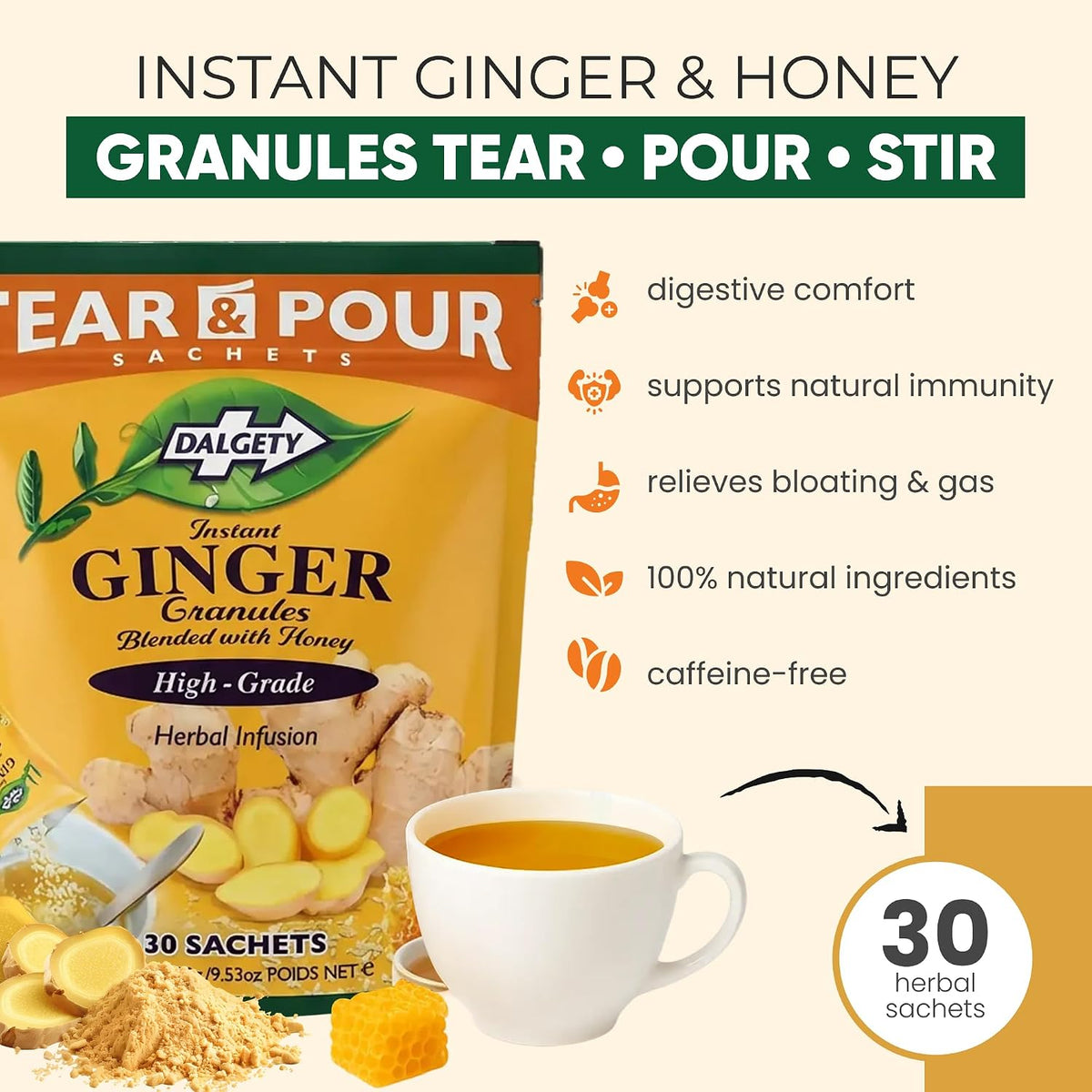Instant Ginger Tea Bags – Ginger & Honey Sachets, 90 Tear & Pour
